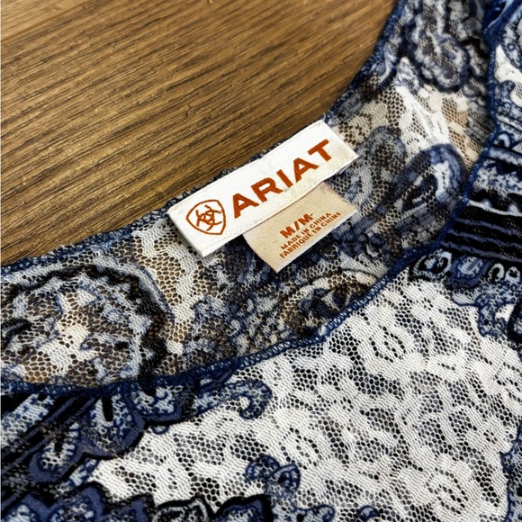 Ariat Navy & White Paisley Mesh Lace Long Sleeve Top – Size Medium - Picture 3 of 4